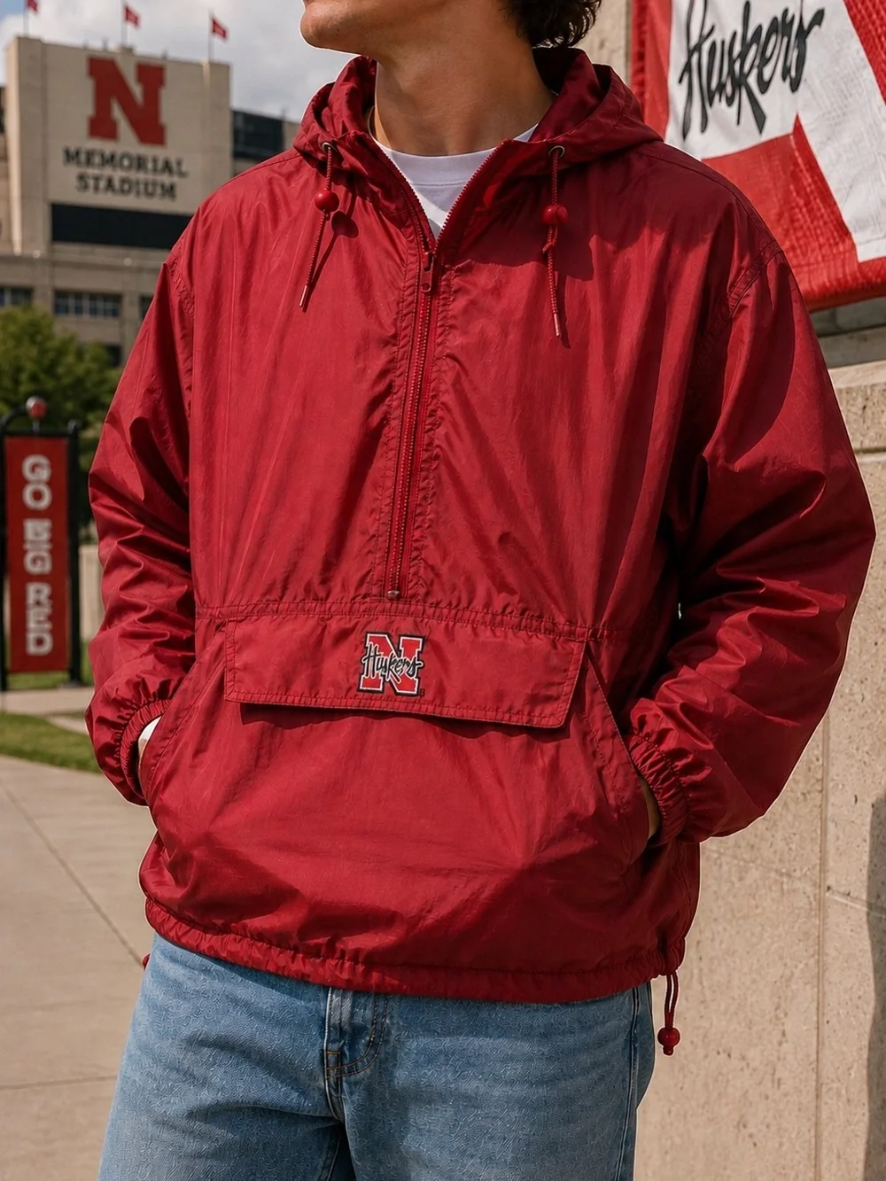Vintage Nebraska Huskers Packable Hooded Pullover Windbreaker Jacket L